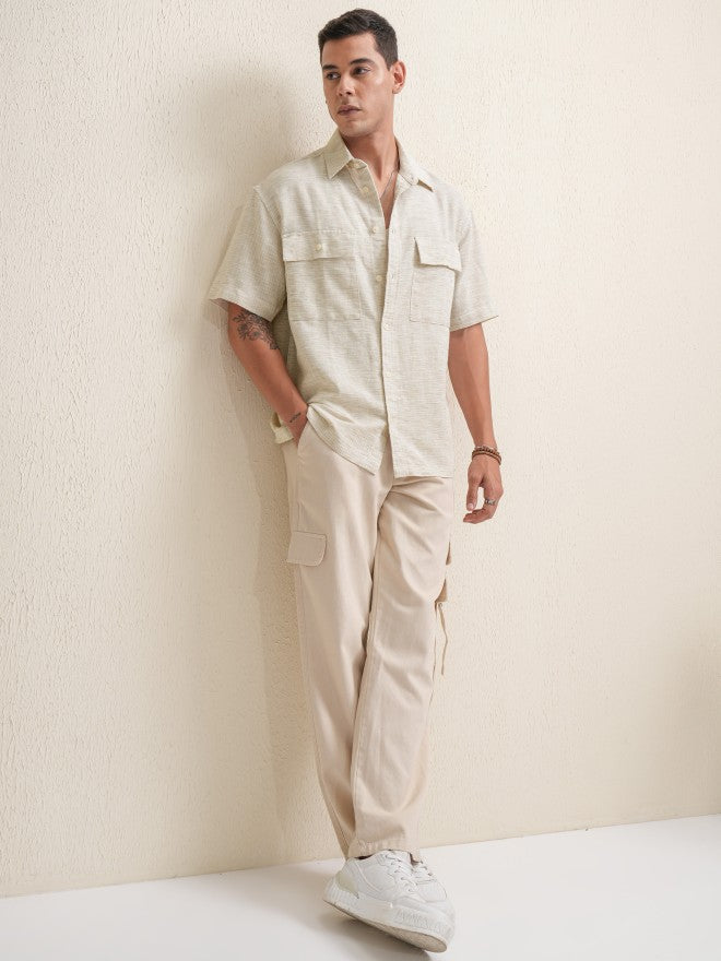 Locomotive Men Beige Self Design Oversized Fit Casual Shirt - Beige - Image 2