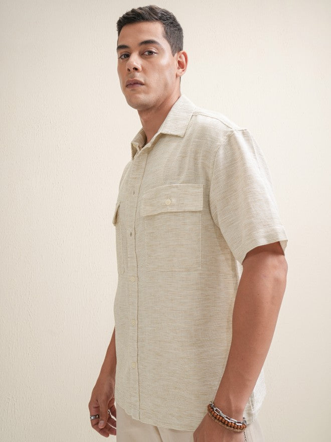 Locomotive Men Beige Self Design Oversized Fit Casual Shirt - Beige - Image 4