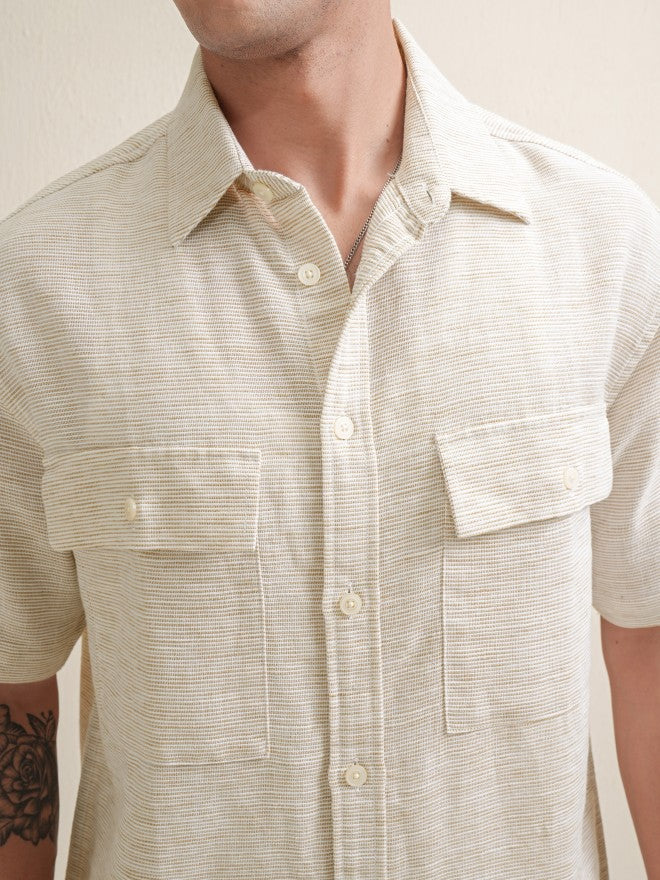 Locomotive Men Beige Self Design Oversized Fit Casual Shirt - Beige - Image 5