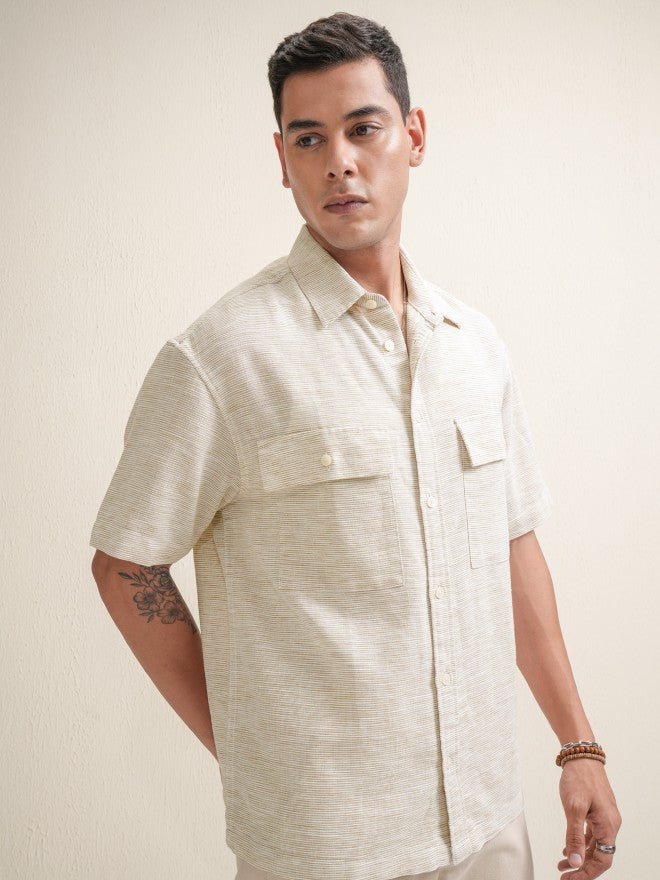Locomotive Men Beige Self Design Oversized Fit Casual Shirt - Beige - Image 6