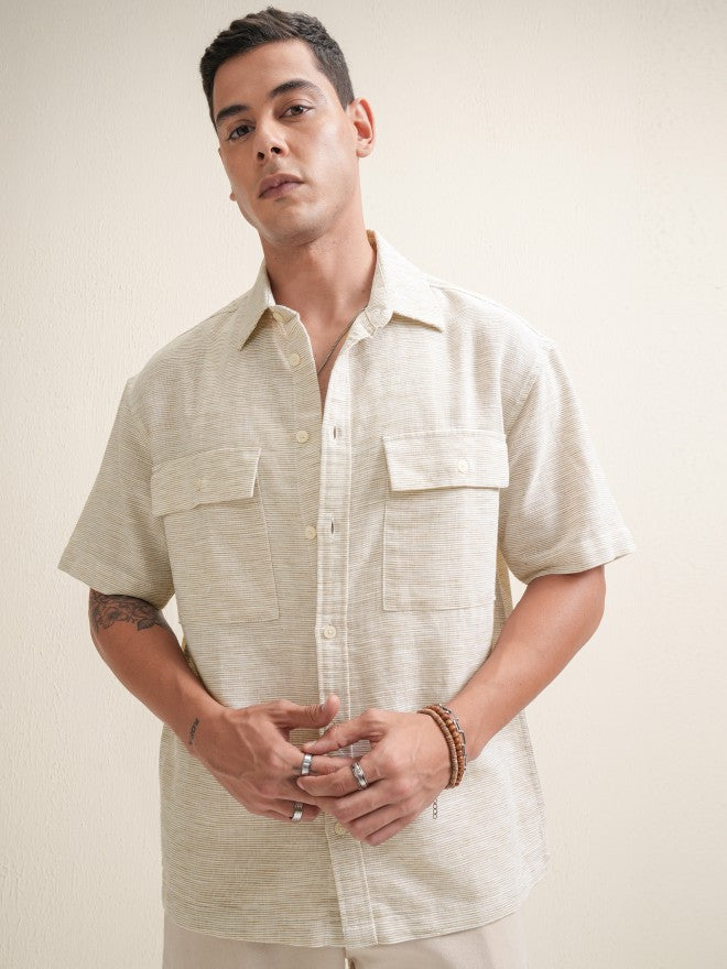 Locomotive Men Beige Self Design Oversized Fit Casual Shirt - Beige - Image 7
