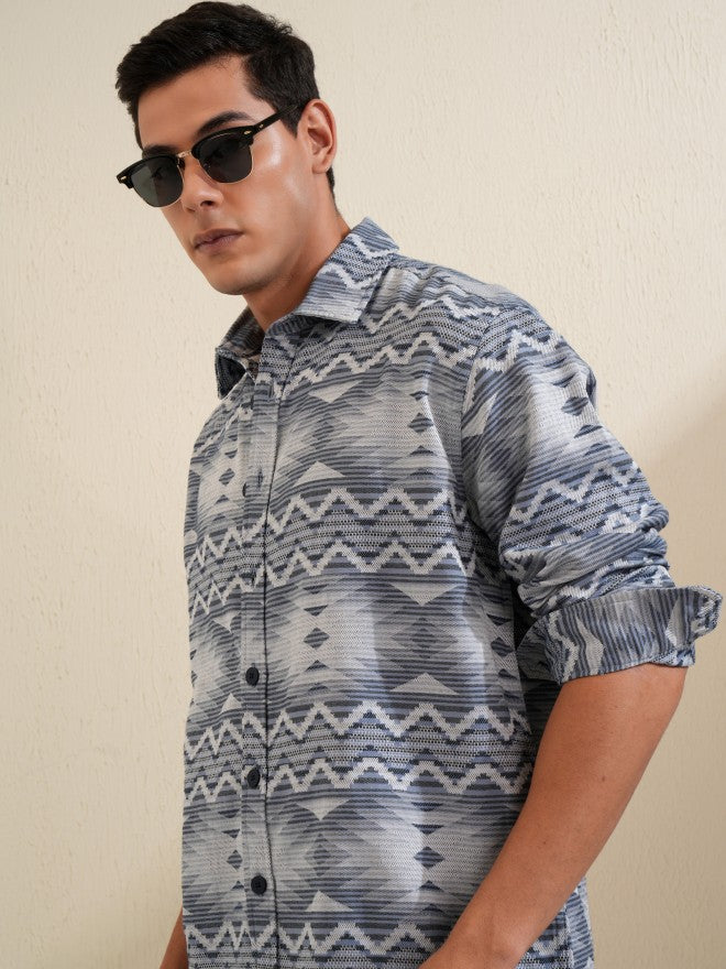 Locomotive Men Navy Blue Printed Oversized Fit Casual Shirt - Navy Blue - Image 1