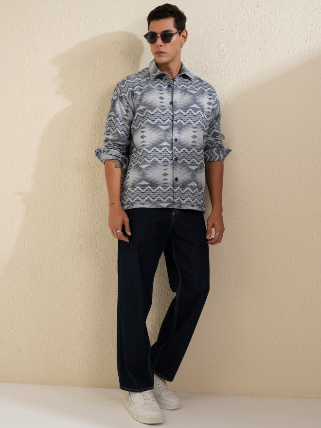 Locomotive Men Navy Blue Printed Oversized Fit Casual Shirt - Navy Blue - Image 2