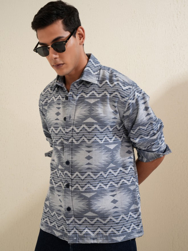 Locomotive Men Navy Blue Printed Oversized Fit Casual Shirt - Navy Blue - Image 4