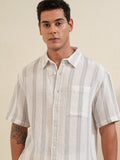 Locomotive Premium Men Cream Grey Mocklino Dobby Textured Striped Oversized Shirt - Cream - Image 1
