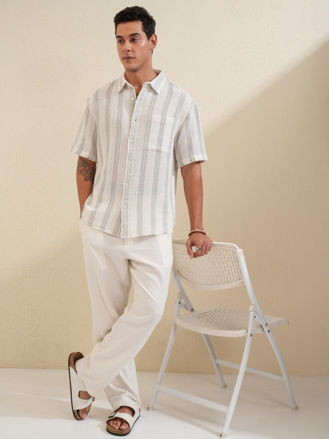 Locomotive Premium Men Cream Grey Mocklino Dobby Textured Striped Oversized Shirt - Cream - Image 2