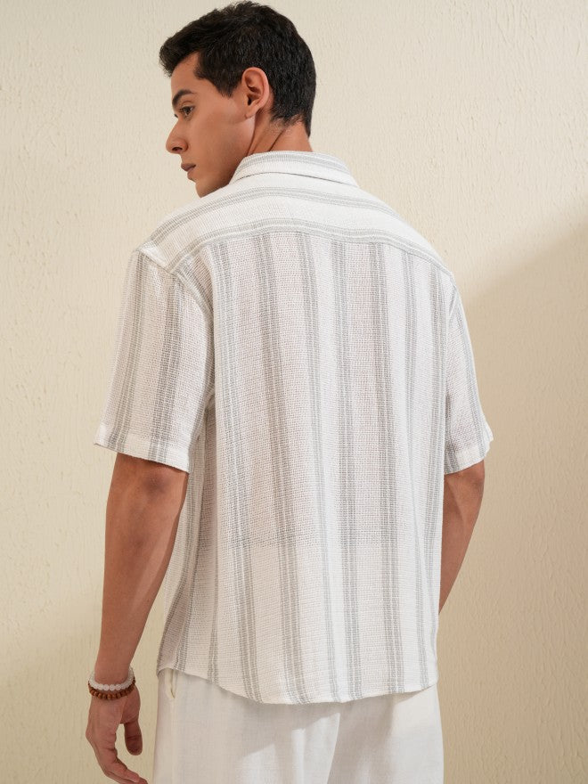 Locomotive Premium Men Cream Grey Mocklino Dobby Textured Striped Oversized Shirt - Cream - Image 3