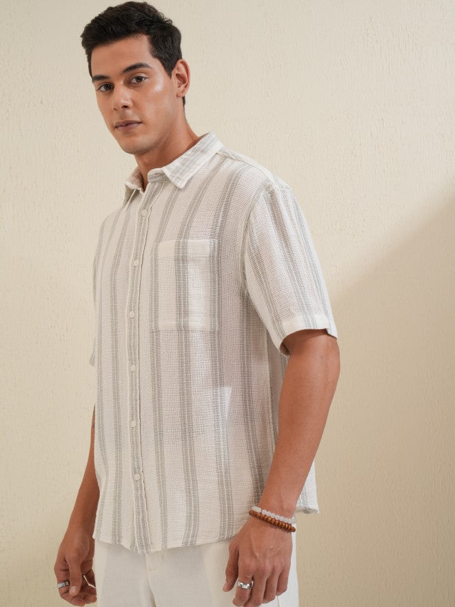 Locomotive Premium Men Cream Grey Mocklino Dobby Textured Striped Oversized Shirt - Cream - Image 4