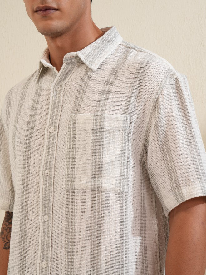 Locomotive Premium Men Cream Grey Mocklino Dobby Textured Striped Oversized Shirt - Cream - Image 5