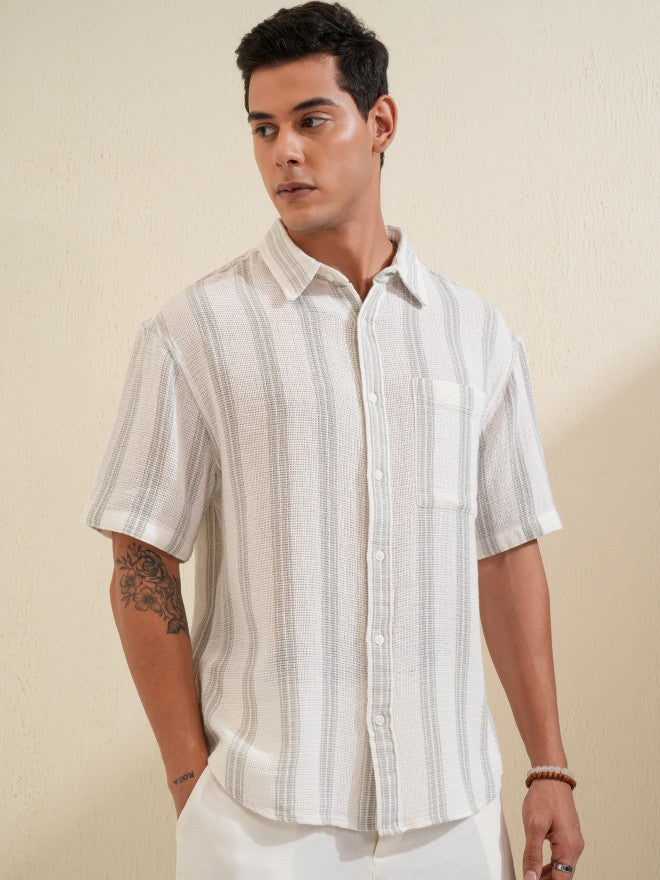 Locomotive Premium Men Cream Grey Mocklino Dobby Textured Striped Oversized Shirt - Cream - Image 6