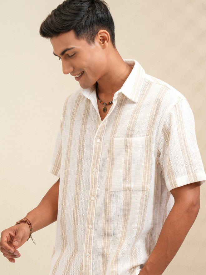 Locomotive Men Cream Striped Oversized Fit Casual Shirt - Cream - Image 1