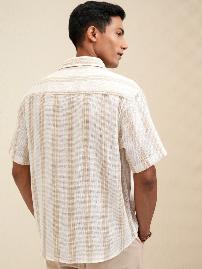 Locomotive Men Cream Striped Oversized Fit Casual Shirt - Cream - Image 3