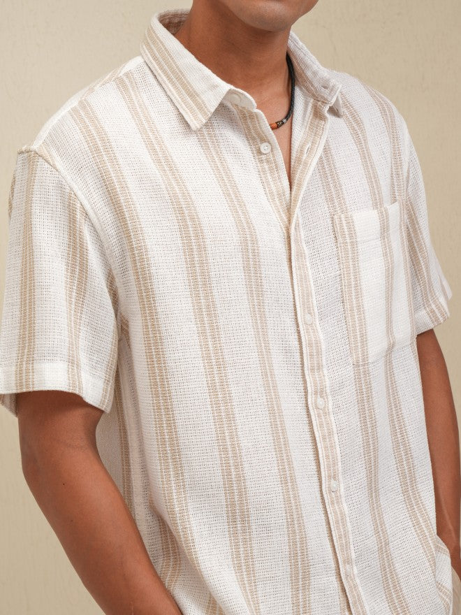 Locomotive Men Cream Striped Oversized Fit Casual Shirt - Cream - Image 5