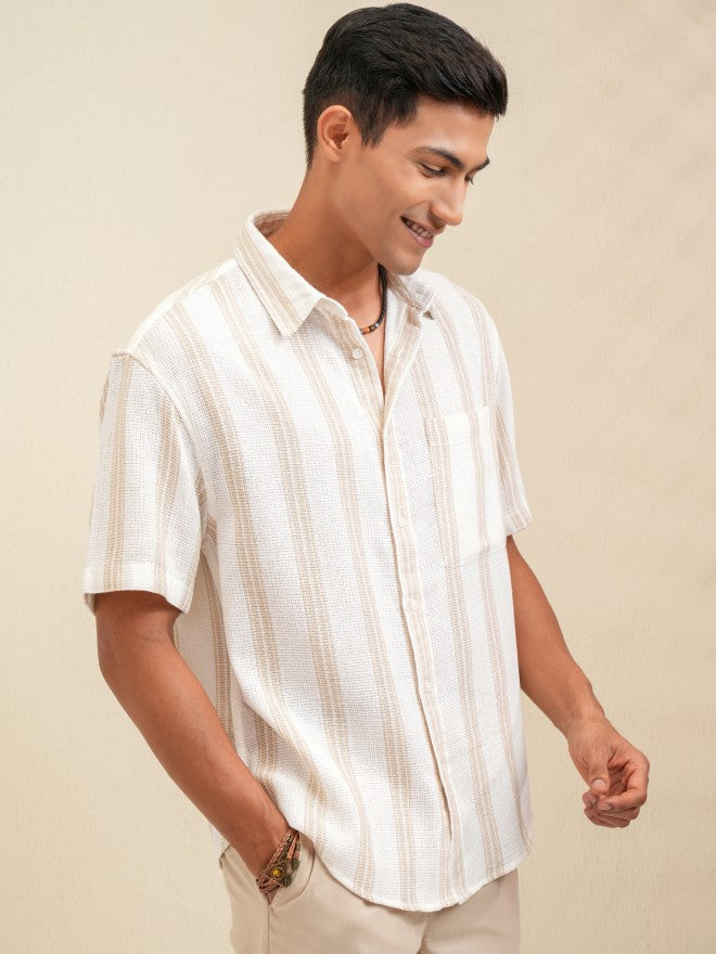 Locomotive Men Cream Striped Oversized Fit Casual Shirt - Cream - Image 6