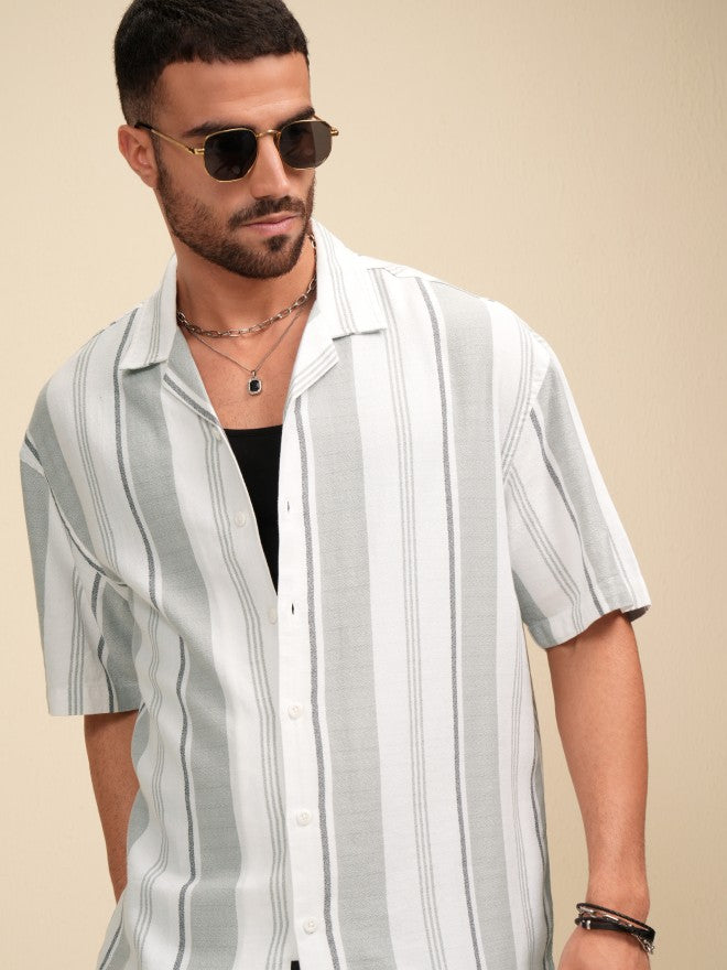 Locomotive Men White Striped Oversized Fit Casual Shirt - White - Image 1