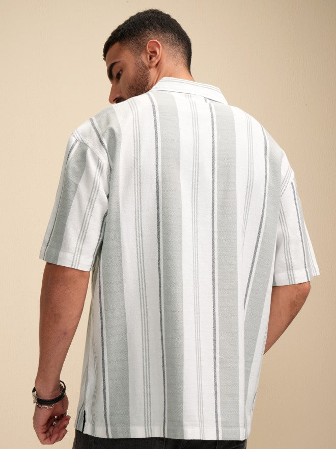 Locomotive Men White Striped Oversized Fit Casual Shirt - White - Image 3