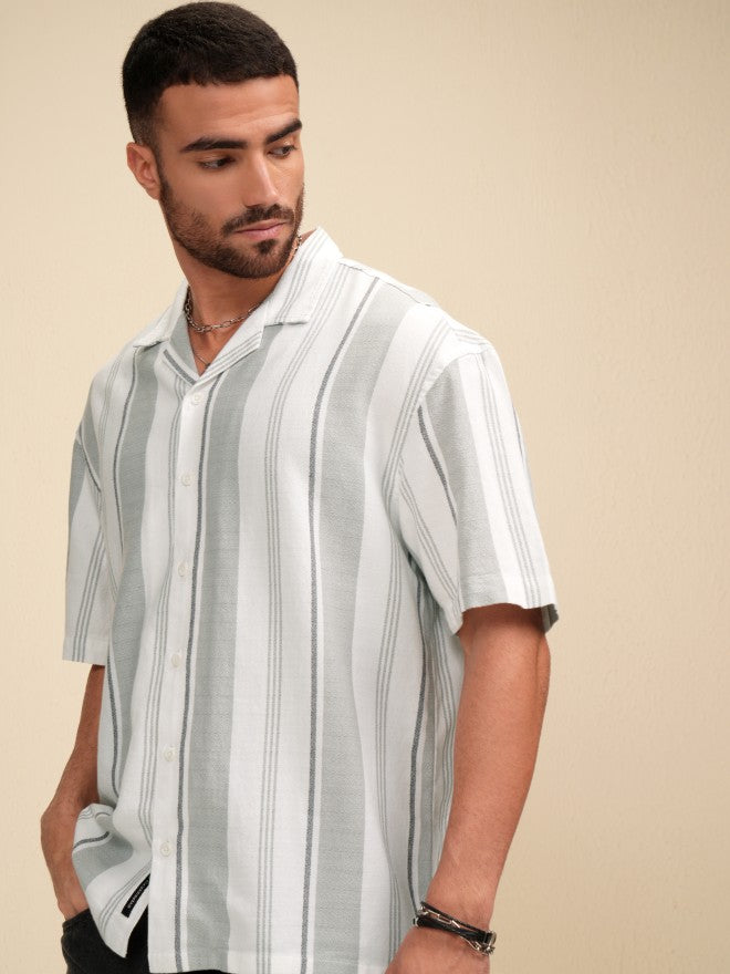 Locomotive Men White Striped Oversized Fit Casual Shirt - White - Image 4