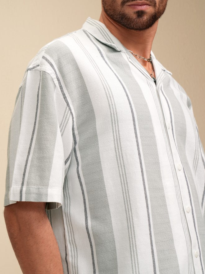 Locomotive Men White Striped Oversized Fit Casual Shirt - White - Image 5