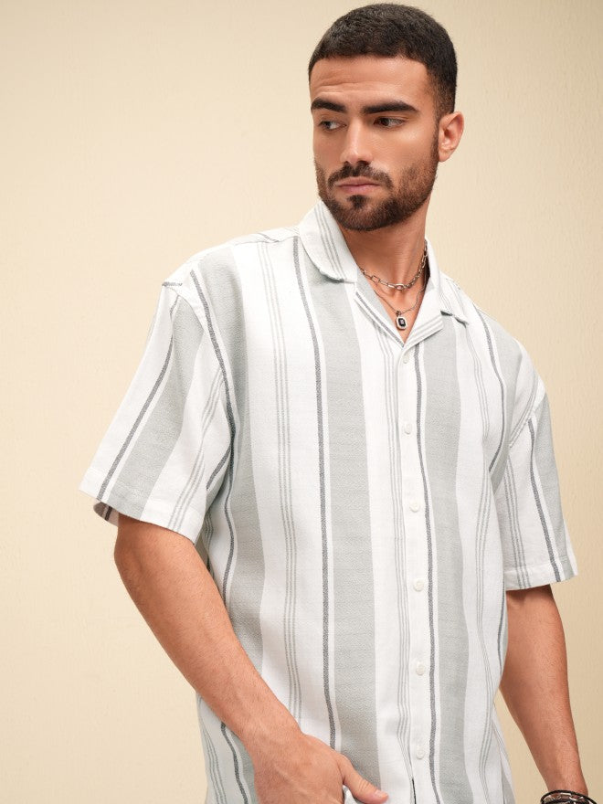 Locomotive Men White Striped Oversized Fit Casual Shirt - White - Image 6