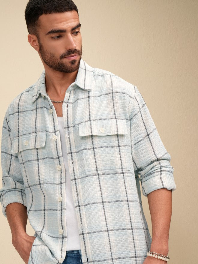 Locomotive Men Blue Checked Oversized Fit Casual Shirt - Blue - Image 1