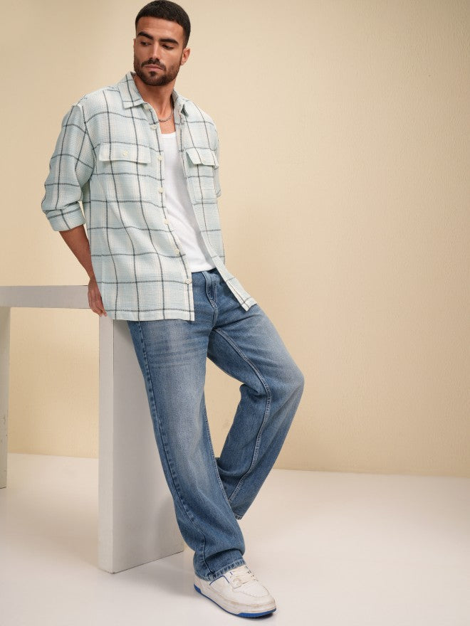 Locomotive Men Blue Checked Oversized Fit Casual Shirt - Blue - Image 2