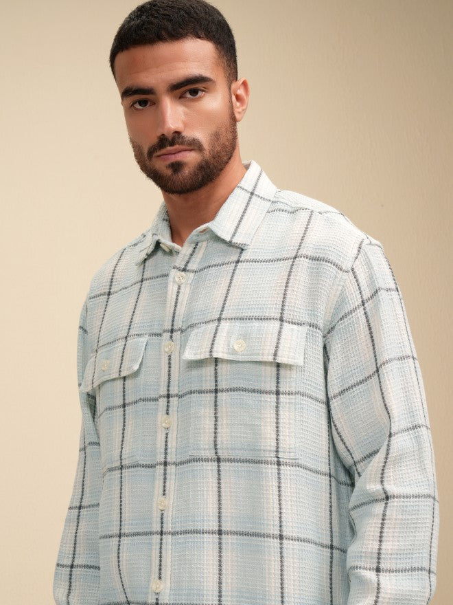 Locomotive Men Blue Checked Oversized Fit Casual Shirt - Blue - Image 4