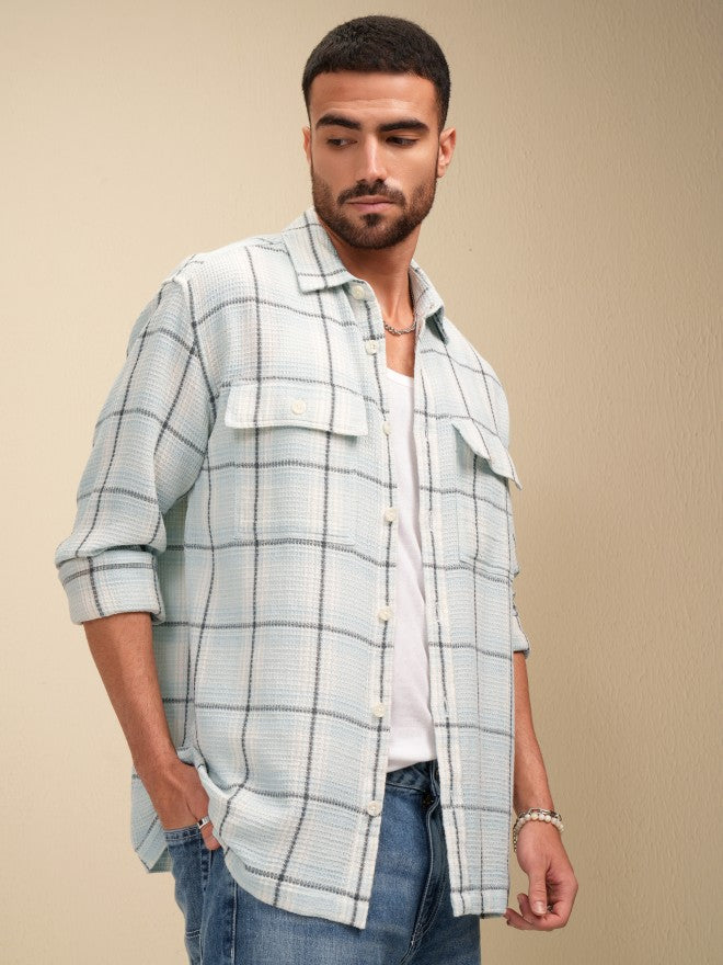 Locomotive Men Blue Checked Oversized Fit Casual Shirt - Blue - Image 6