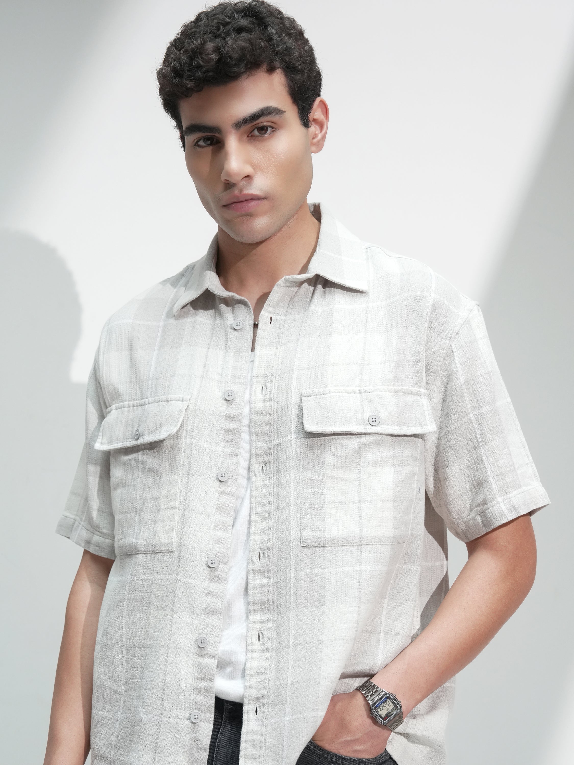 Locomotive Men Grey Self Design Oversized Fit Casual Shirt - Grey - Image 1