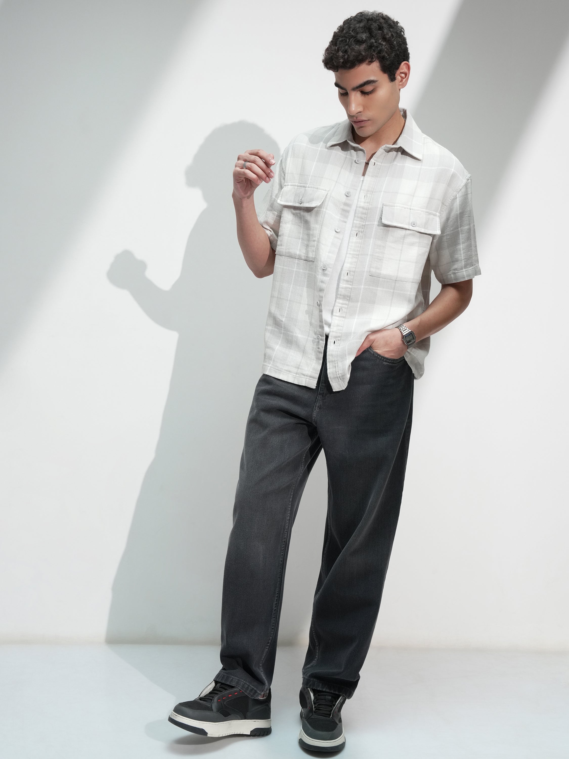 Locomotive Men Grey Self Design Oversized Fit Casual Shirt - Grey - Image 2