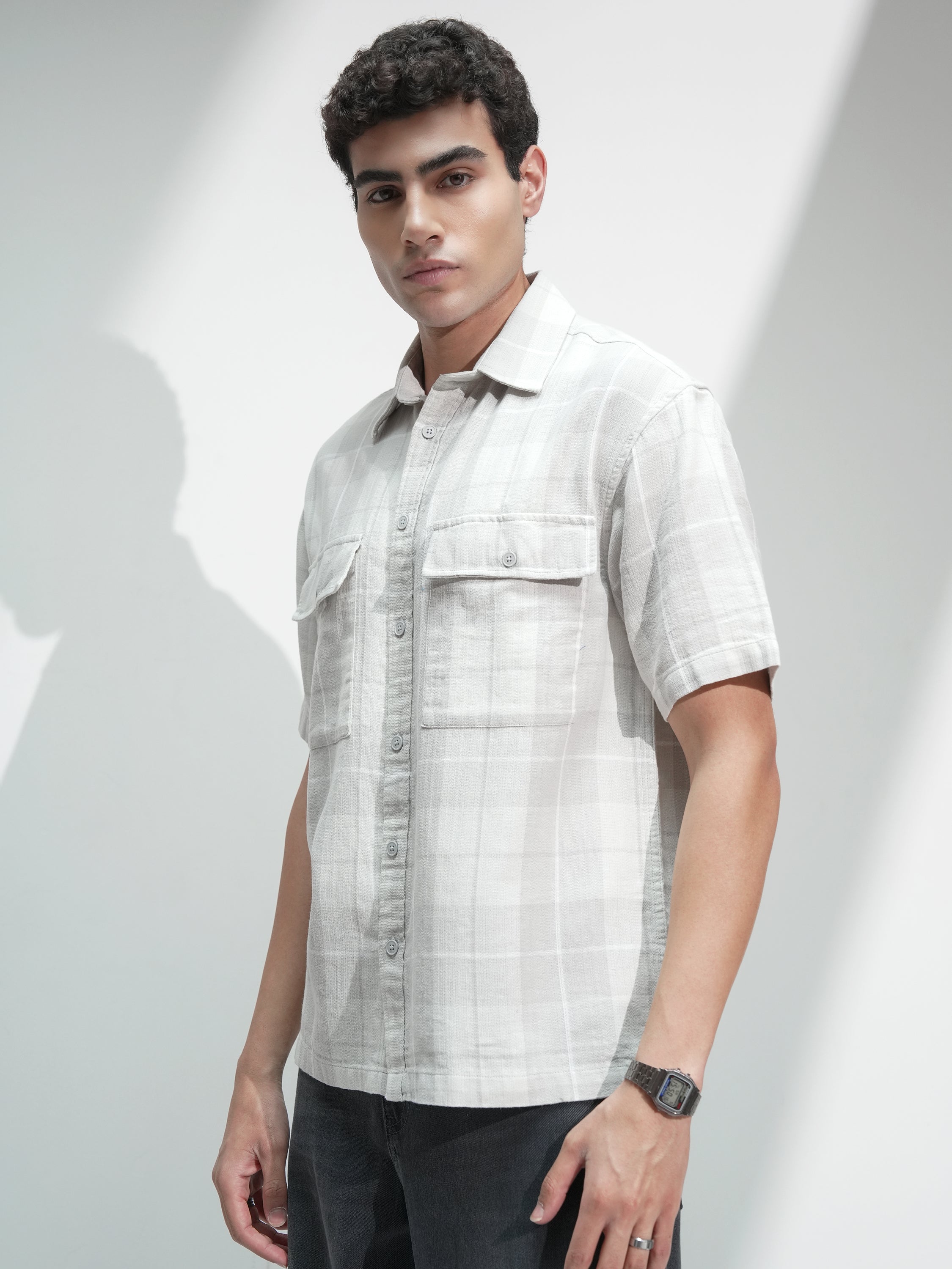 Locomotive Men Grey Self Design Oversized Fit Casual Shirt - Grey - Image 4