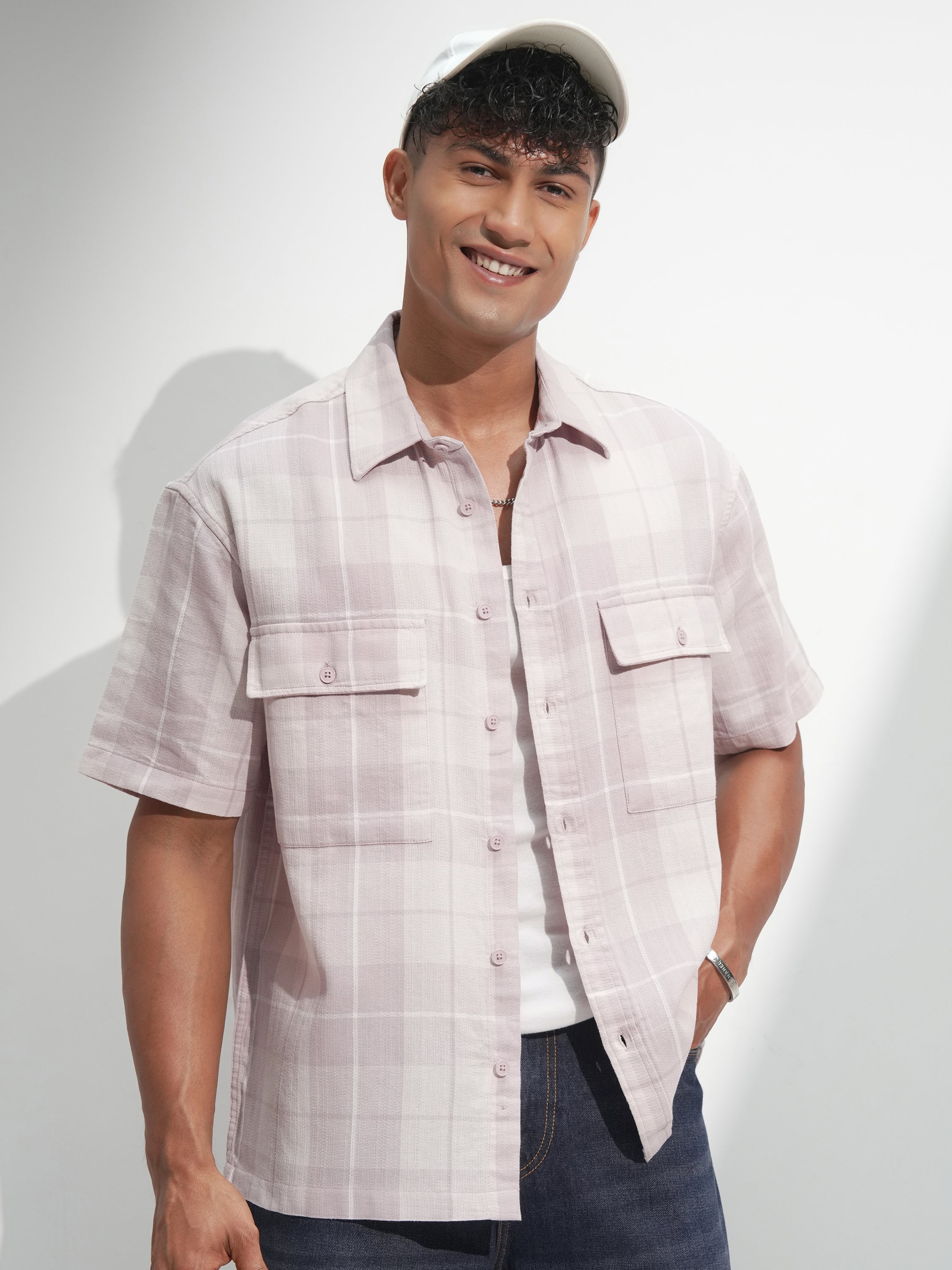 Locomotive Men Mauve Self Design Oversized Fit Casual Shirt - Mauve - Image 4