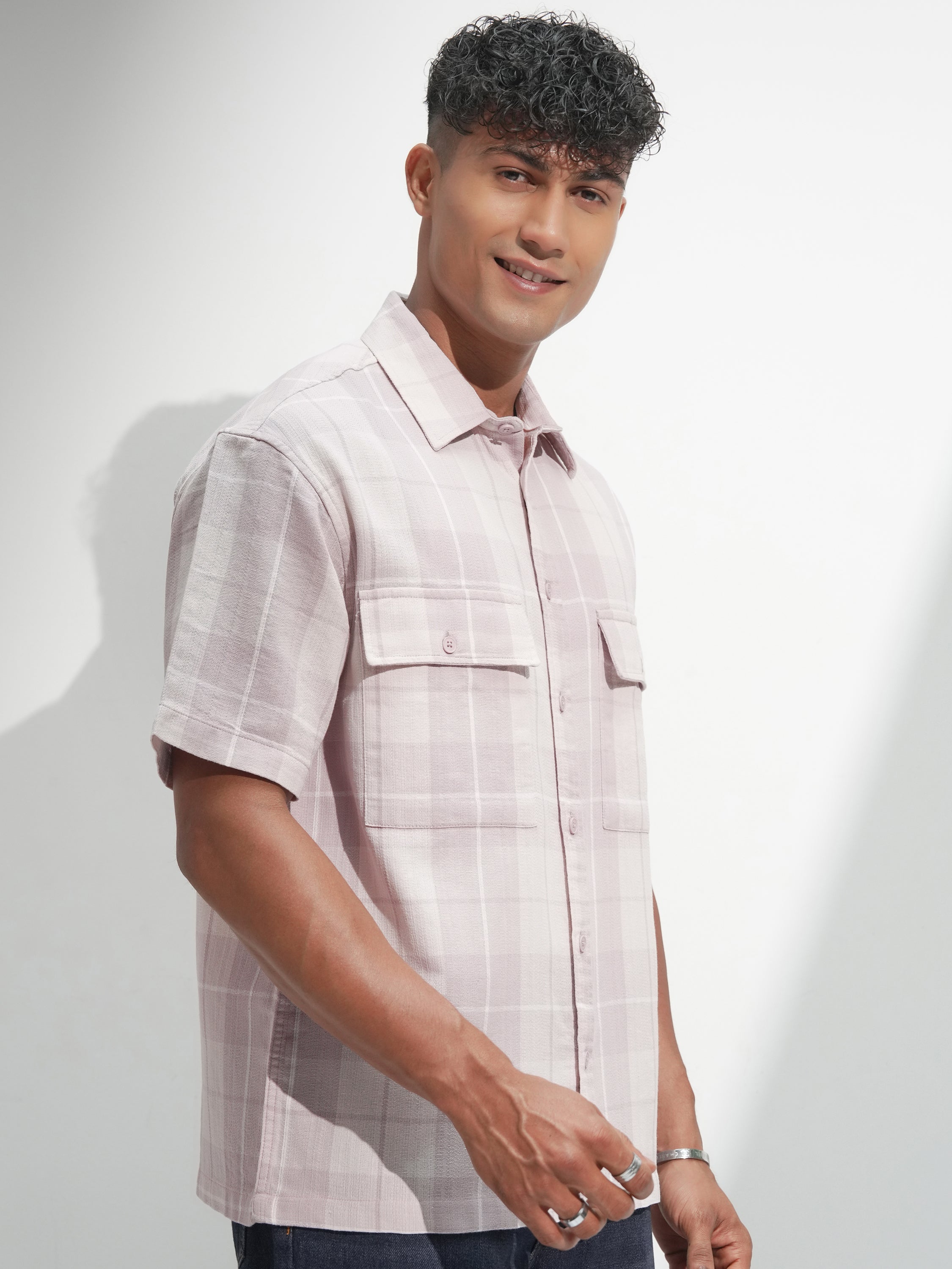 Locomotive Men Mauve Self Design Oversized Fit Casual Shirt - Mauve - Image 6