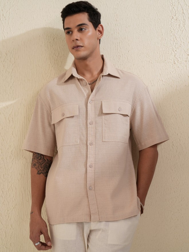 Locomotive Men Beige Solid Oversized Fit Casual Shirt - Beige - Image 4