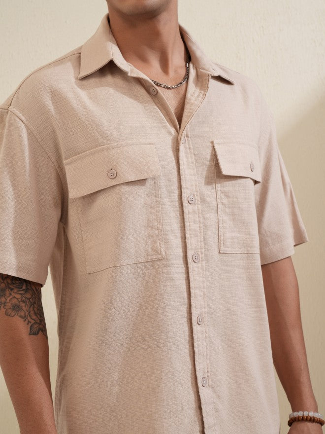 Locomotive Men Beige Solid Oversized Fit Casual Shirt - Beige - Image 5