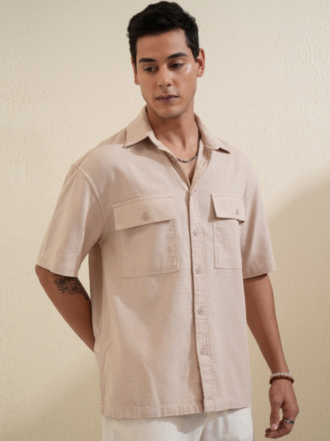 Locomotive Men Beige Solid Oversized Fit Casual Shirt - Beige - Image 6