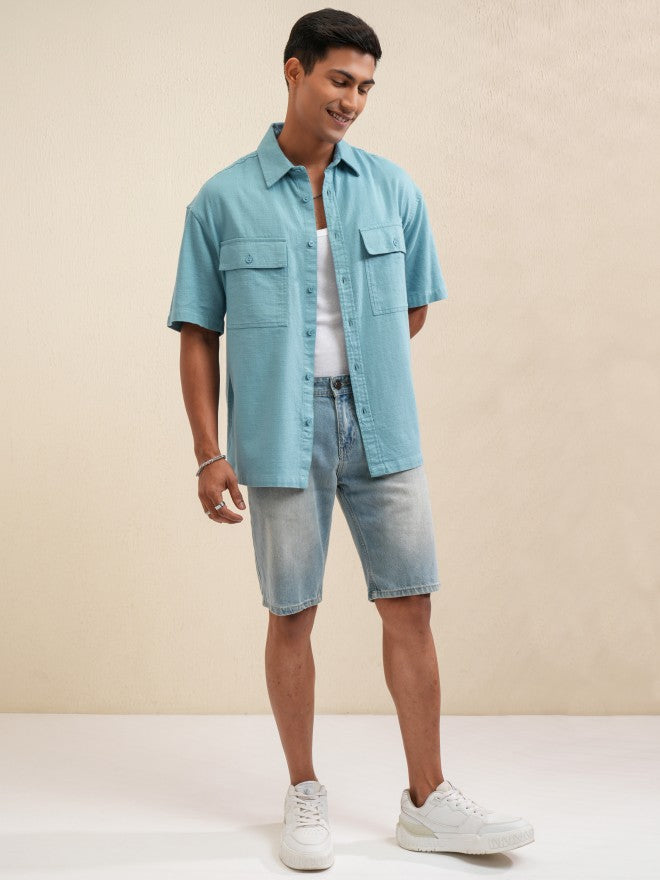 Locomotive Men Blue Solid Oversized Fit Casual Shirt - Blue - Image 2