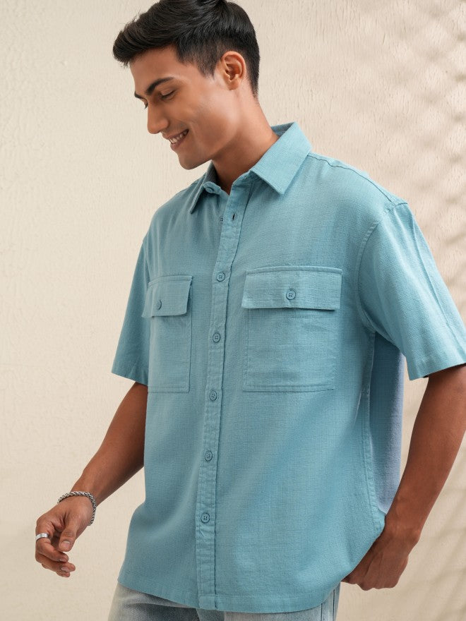 Locomotive Men Blue Solid Oversized Fit Casual Shirt - Blue - Image 4