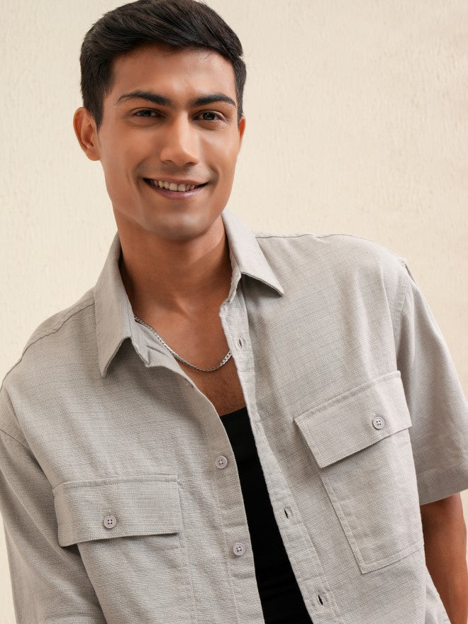 Locomotive Men Grey Solid Oversized Fit Casual Shirt - Grey - Image 1