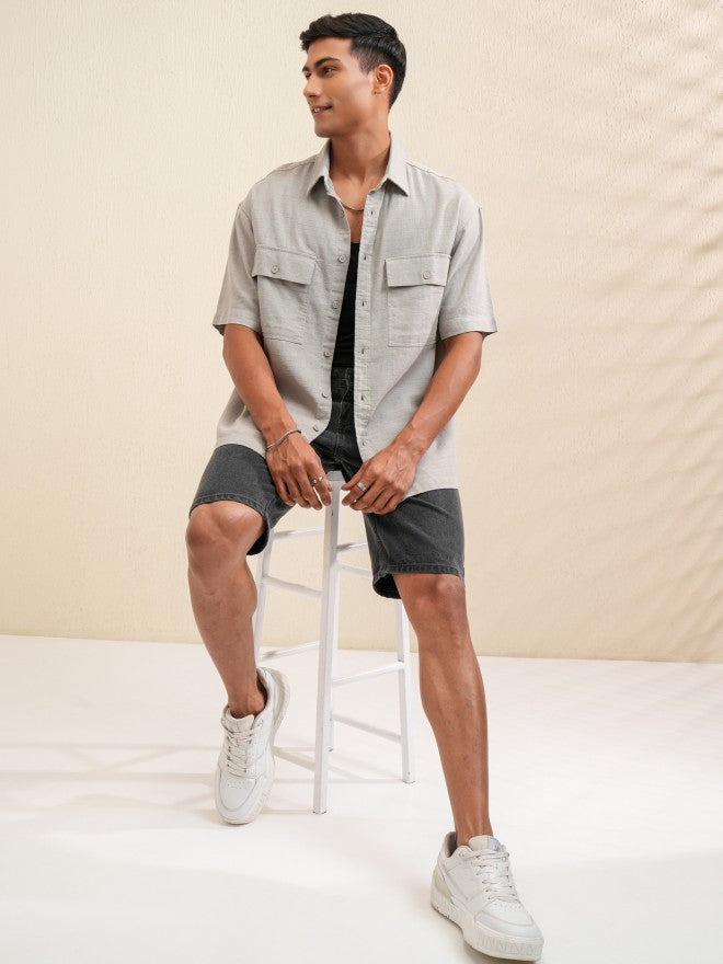 Locomotive Men Grey Solid Oversized Fit Casual Shirt - Grey - Image 2