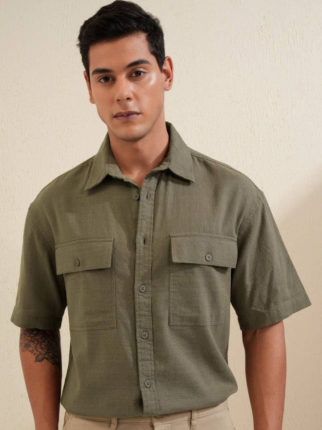 Locomotive Men Khaki Solid Oversized Fit Casual Shirt - Khaki - Image 1