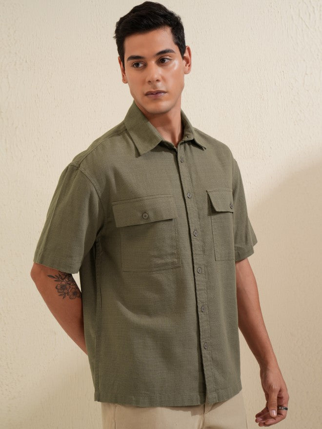Locomotive Men Khaki Solid Oversized Fit Casual Shirt - Khaki - Image 6
