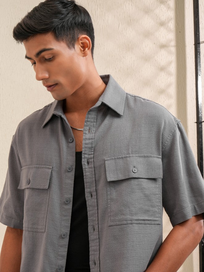 Locomotive Men Grey Solid Oversized Fit Casual Shirt - Grey - Image 1