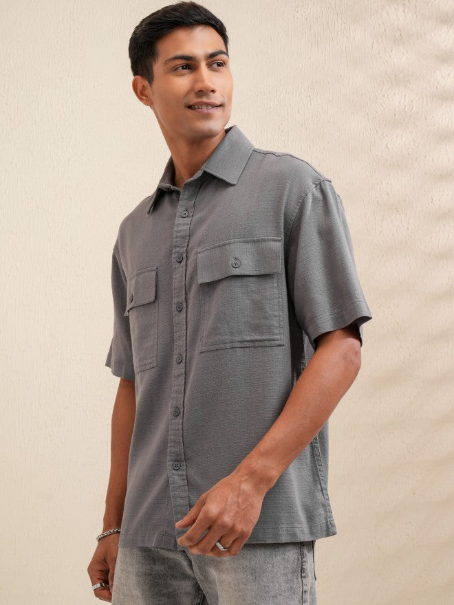 Locomotive Men Grey Solid Oversized Fit Casual Shirt - Grey - Image 4