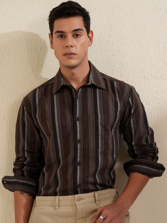 Locomotive Men Brown Striped Oversized Fit Casual Shirt - Brown - Image 1