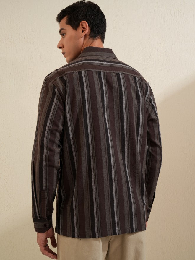 Locomotive Men Brown Striped Oversized Fit Casual Shirt - Brown - Image 3