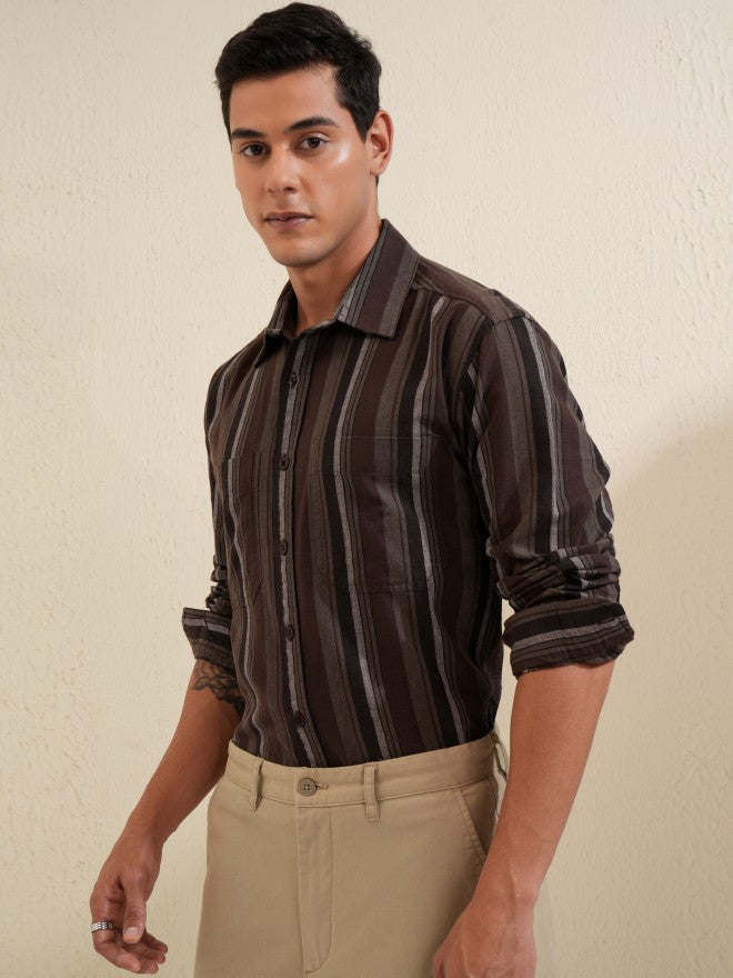 Locomotive Men Brown Striped Oversized Fit Casual Shirt - Brown - Image 4