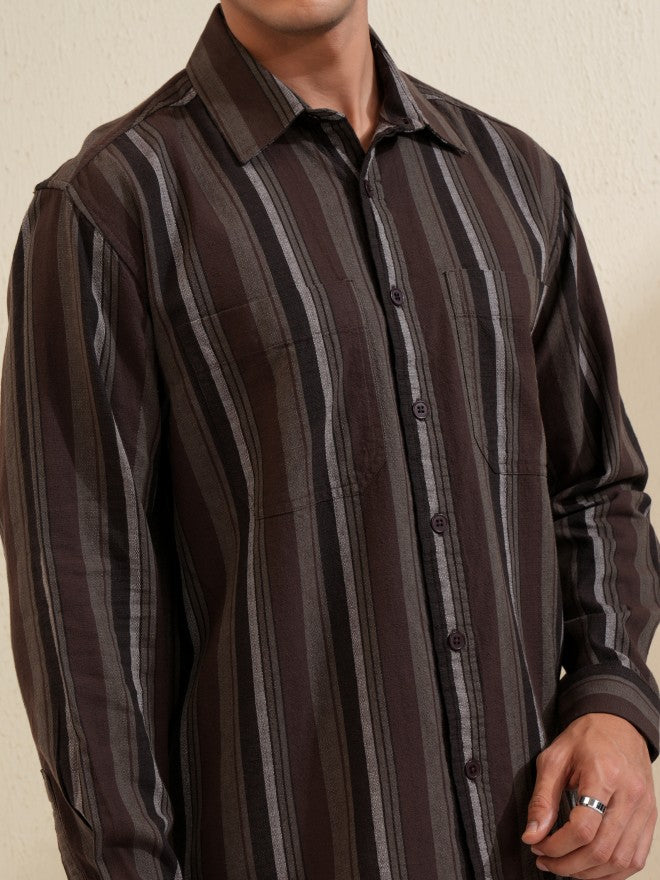 Locomotive Men Brown Striped Oversized Fit Casual Shirt - Brown - Image 5