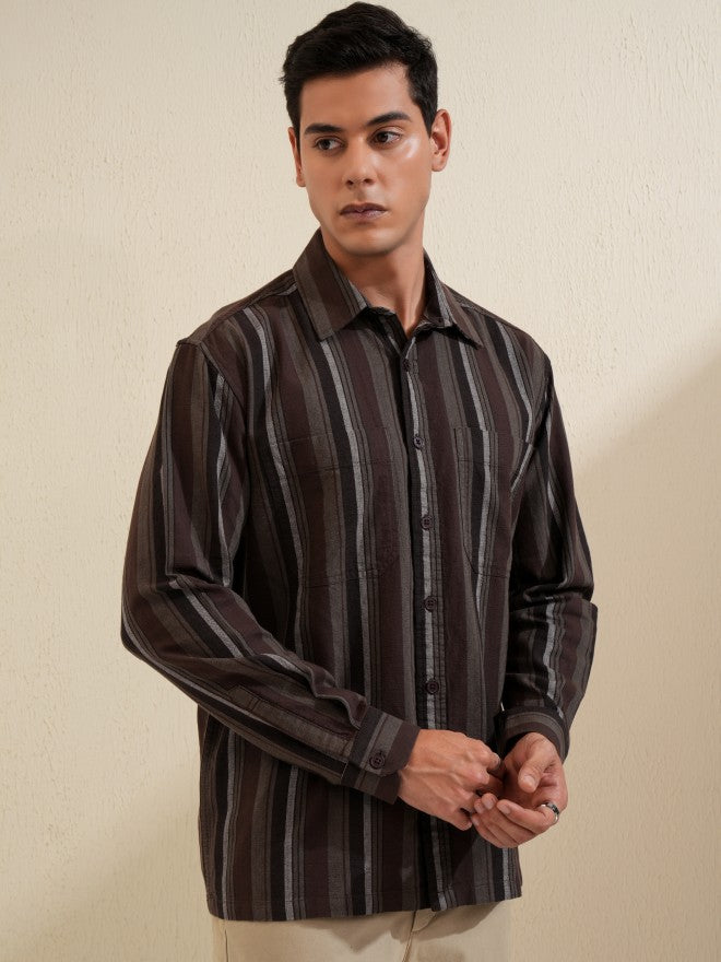 Locomotive Men Brown Striped Oversized Fit Casual Shirt - Brown - Image 6