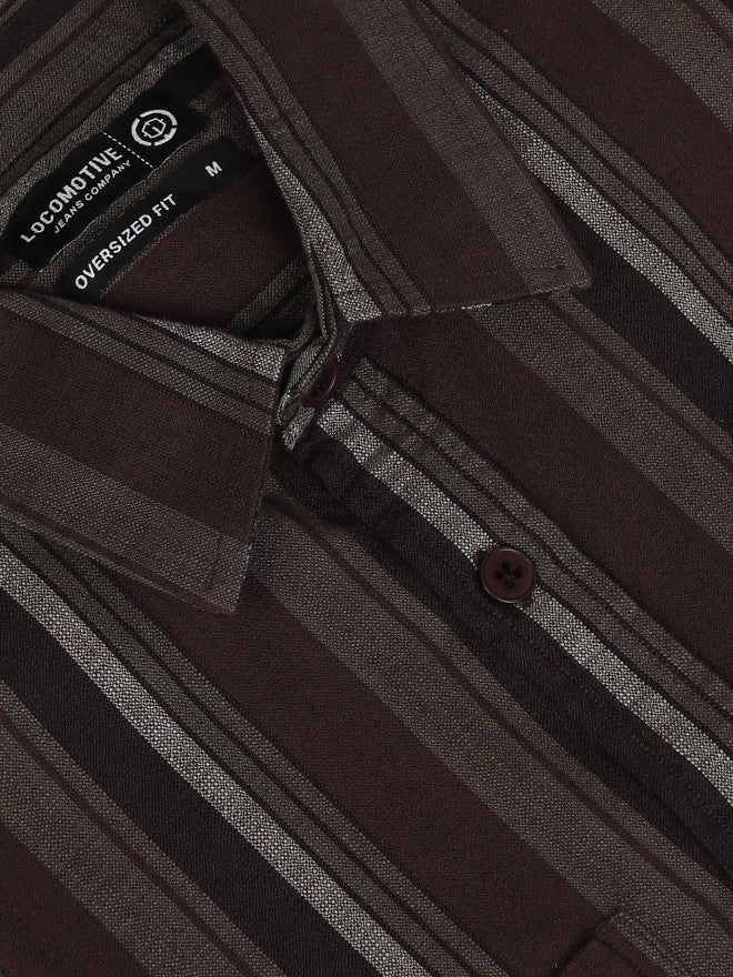 Locomotive Men Brown Striped Oversized Fit Casual Shirt - Brown - Image 7