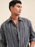 Locomotive Men Grey Striped Oversized Fit Casual Shirt - Grey - Image 1